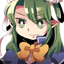 Rule 34 | 1girl, bad id, bad pixiv id, bow, capelet, female focus, green eyes, green hair, hat, long hair, matching hair/eyes, mima (touhou), min (brbird98), smile, solo, touhou, touhou (pc-98), upper body, white background