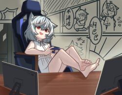 Rule 34 | 1girl, absurdres, animal ears, barefoot, controller, feet, game controller, highres, medium hair, mobanche255, open mouth, red eyes, soles, toes, white hair