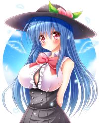 Rule 34 | 1girl, alternate breast size, alternate costume, arms behind back, black hat, black skirt, blue hair, blush, bow, bowtie, breasts, buttons, center frills, collared shirt, commentary request, detached wings, double-breasted, food, frills, fruit, hat, hat ornament, head tilt, high-waist skirt, highres, hinanawi tenshi, large breasts, light particles, long hair, looking at viewer, meme attire, osashin (osada), peach, red bow, red bowtie, red eyes, shirt, skirt, sleeveless, sleeveless shirt, solo, tareme, touhou, upper body, virgin killer outfit, white shirt, wing collar, wings