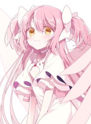 Rule 34 | 1girl, ayumaru (art of life), choker, closed mouth, clothing cutout, collarbone, colored eyelashes, dot nose, dress, eyes visible through hair, flat chest, hair ribbon, hands on lap, highres, kaname madoka, layered sleeves, light blush, light particles, long hair, looking at viewer, mahou shoujo madoka magica, mahou shoujo madoka magica (anime), pink hair, pink theme, pink wings, ribbon, simple background, smile, solo, straight hair, tareme, two side up, ultimate madoka, upper body, v arms, very long hair, white background, white choker, white dress, white neckwear, white ribbon, wide sleeves, wings, yellow eyes