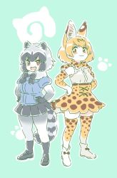 Rule 34 | 10s, 2girls, :3, :d, animal ears, ankle boots, black footwear, black skirt, blonde hair, blue shirt, blush, boots, bow, bowtie, closed mouth, commentary request, common raccoon (kemono friends), elbow gloves, fangs, gloves, green background, grey legwear, hands on own hips, high-waist skirt, japari symbol, kemono friends, looking at viewer, mitsumoto jouji, multicolored hair, multiple girls, open mouth, orange eyes, orange legwear, orange neckwear, orange skirt, pantyhose, pleated skirt, puffy short sleeves, puffy sleeves, raccoon ears, raccoon tail, red eyes, serval (kemono friends), serval print, serval tail, shirt, shoes, short hair, short sleeves, simple background, skirt, smile, smug, standing, tail, thighhighs, white footwear, white shirt