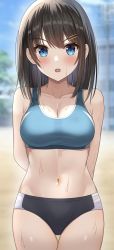 Rule 34 | 1girl, absurdres, arms behind back, bad id, bad pixiv id, black shorts, blue eyes, blue sports bra, blurry, blurry background, blush, borrowed character, breasts, brown hair, cleavage, commentary request, cowboy shot, hair ornament, hairclip, highleg shorts, highres, hisui (user zvkr2432), large breasts, looking at viewer, midriff, navel, open mouth, original, outdoors, short shorts, shorts, solo, sports bra, sweat, track uniform, tsubasa (kureha)