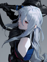Rule 34 | 1girl, arknights, bad id, bad twitter id, bare shoulders, black gloves, breasts, commentary, dongho kang, english commentary, from side, gloves, grey background, hair between eyes, holding, holding weapon, large breasts, long hair, looking at viewer, over shoulder, red eyes, silver hair, simple background, skadi (arknights), skadi (elite ii) (arknights), solo, upper body, very long hair, weapon, weapon over shoulder