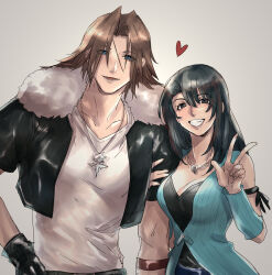 Rule 34 | 1boy, 1girl, arm ribbon, arm warmers, bare shoulders, black gloves, black hair, black ribbon, black shirt, blue cardigan, blue eyes, breasts, brown hair, cardigan, cleavage, cropped jacket, final fantasy, final fantasy viii, fur-trimmed jacket, fur trim, gloves, grey background, grey eyes, grin, hair between eyes, hand on own hip, heart, highres, holding another&#039;s arm, jacket, jewelry, kingdom hearts, leather, leather jacket, long hair, looking at viewer, medium breasts, medium hair, necklace, official alternate costume, parted bangs, parted lips, pendant, ribbon, rinoa heartilly, scar, scar on face, scar on forehead, shirt, short sleeves, sleeveless, sleeveless shirt, smile, soo (sr00a2ht), squall leonhart, teeth, upper body, v, v-neck, white shirt