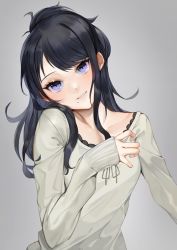 Rule 34 | 1girl, absurdres, black hair, blue eyes, collarbone, commentary request, grey background, grey ribbon, head tilt, highres, idolmaster, idolmaster shiny colors, kazano hiori, long hair, long sleeves, looking at viewer, mole, mole under mouth, neck ribbon, redrawn, ribbon, shirt, sleeves past wrists, smile, solo, swept bangs, unchiganiowanai, upper body, white shirt
