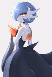 Rule 34 | 1girl, absurdres, alternate color, artist name, back, bare shoulders, black dress, black gloves, blue hair, bob cut, closed mouth, colored skin, creatures (company), dress, elbow gloves, expressionless, female focus, flat chest, from behind, game freak, gardevoir, gen 3 pokemon, gloves, grey background, hair over one eye, highres, looking at viewer, looking back, lury.sgh, mega gardevoir, mega pokemon, nintendo, one eye covered, orange eyes, pokemon, pokemon (creature), shiny pokemon, short hair, signature, simple background, solo, standing, strapless, strapless dress, white skin