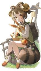 Rule 34 | 1girl, absurdres, animal ears, animal ears (norankkori), basket, bell, blunt bangs, blush, boots, bow-shaped hair, brown eyes, brown hair, commentary, english commentary, fur-trimmed boots, fur trim, genshin impact, hair bell, hair ornament, highres, hug, jingle bell, long sleeves, looking at viewer, hugging object, radish, short hair, sitting, smile, solo, teeth, white background, yaoyao (genshin impact)