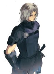 Rule 34 | 1boy, absurdres, aged down, arm armor, black gloves, chest strap, commentary, final fantasy, final fantasy vii, final fantasy vii ever crisis, gloves, green eyes, grey hair, hand on weapon, highres, kojimarie, male focus, official alternate costume, purple shirt, sephiroth, sephiroth (aeroglider), serious, shirt, short hair, short sleeves, simple background, slit pupils, solo, standing, sword, turtleneck, turtleneck shirt, upper body, weapon, white background