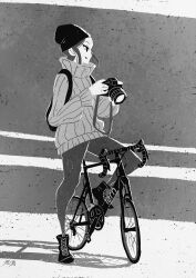 Rule 34 | 1girl, backpack, bag, beanie, bicycle, breasts, camera, commentary request, full body, greyscale, hat, highres, holding, holding camera, long hair, long sleeves, monochrome, namiki kazama, original, ribbed sweater, road bicycle, shadow, sidelocks, signature, solo, sweater