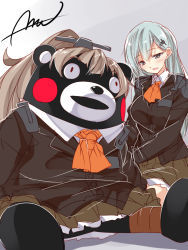 Rule 34 | 10s, 1girl, :d, brown eyes, brown hair, green eyes, hair ornament, hairclip, kantai collection, kumamon, kumano (kancolle), kumano (kancolle), long hair, mtu (orewamuzituda), open mouth, pleated skirt, ponytail, school uniform, sketch, skirt, smile, stuffed animal, stuffed toy, suzuya (kancolle), teddy bear, thighhighs, wig