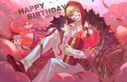 Rule 34 | 1boy, balloon, black coat, black footwear, blanket, blonde hair, blush, box, character doll, coat, coat on shoulders, collarbone, collared shirt, commentary, confetti, dated, donquixote doflamingo, donquixote rocinante, facepaint, feathers, fur coat, gift, gift box, grin, happy birthday, head tilt, heart, heart balloon, heart print, highres, holding, holding gift, hood, hood up, lipstick, long sleeves, looking at viewer, makeup, male focus, one piece, pants, print shirt, qin (7833198), red hood, red ribbon, ribbon, shirt, shoes, smile, solo, symbol-only commentary, teeth, trafalgar law, white pants, white shirt