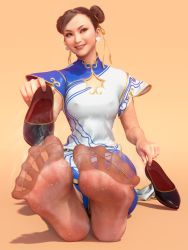 Rule 34 | 1girl, 3d, absurdres, brown eyes, capcom, chinese clothes, chun-li, covered erect nipples, double bun, feet, flats, hair bun, highres, holding, holding shoes, koupantyhose, long hair, looking at viewer, pantyhose, parted lips, shoes, unworn shoes, smile, soles, steam, street fighter, toes