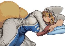 Rule 34 | 1girl, absurdres, animal ears, animal hat, blonde hair, blush, breasts, chanta (ayatakaoisii), closed mouth, dress, fox ears, fox tail, hat, highres, long sleeves, lying, mob cap, multiple tails, on side, solo, tabard, tail, touhou, white background, white dress, white hat, wide sleeves, yakumo ran, yellow eyes