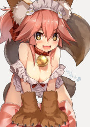 Rule 34 | 1girl, :d, absurdres, all fours, animal ear fluff, animal ears, animal hands, apron, bare shoulders, bell, blush, breasts, cat hair ornament, cleavage, collar, fang, fate/grand order, fate (series), fox ears, fox tail, gloves, grey background, hair ornament, highres, maid headdress, medium breasts, naked apron, neck bell, open mouth, paw gloves, pink hair, ponytail, simple background, smile, solo, tail, tamamo (fate), tamamo cat (fate), tamamo cat (third ascension) (fate), yamacchi, yellow eyes