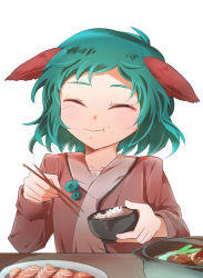 Rule 34 | 1girl, :t, bowl, chopsticks, closed eyes, closed mouth, collarbone, eating, facing viewer, food, food on face, green hair, highres, holding, holding bowl, holding chopsticks, holding towel, izha (seisfleur), kasodani kyouko, long sleeves, mushroom, plate, shiitake, short hair, simple background, solo, touhou, towel, white background