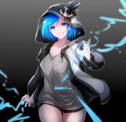 1girl black_feathers black_shorts blue_eyes blue_hair breasts cleavage cowboy_shot djeeta_(granblue_fantasy) feathers gradient_background granblue_fantasy grey_background grey_jacket grey_shirt grin guider_to_the_eternal_edge head_tilt highres hood hood_up hooded_jacket jacket long_sleeves looking_at_viewer medium_breasts open_clothes open_jacket sakaokasan shirt short_hair short_shorts shorts smile solo standing thigh_gap