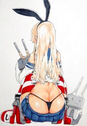 Rule 34 | 1girl, anchor, ass, bare shoulders, black panties, blonde hair, butt crack, commentary request, crop top, elbow gloves, facing away, from behind, gloves, hairband, highleg, highleg panties, kantai collection, lifebuoy, microskirt, panties, rensouhou-chan, ribbon, rudder footwear, sabusupi, shimakaze (kancolle), simple background, skindentation, skirt, squatting, striped clothes, striped thighhighs, swim ring, thighhighs, thong, underwear, whale tail (clothing), white background, white gloves