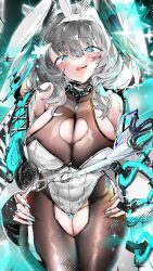 Rule 34 | :q, absurdres, adapted costume, animal ears, aqua eyes, arknights, bare shoulders, blush, bodystocking, breasts, cleavage, cleavage cutout, clothing cutout, cowboy shot, fake animal ears, fang, fingernails, gluteal fold, grey hair, hairband, highres, ho&#039;olheyak (arknights), large breasts, leotard, long fingernails, long hair, looking at viewer, open mouth, playboy bunny, rabbit ears, sparkle, star (symbol), tekona0, thigh gap, tongue, tongue out, white hairband, white leotard