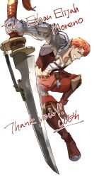 Rule 34 | 1boy, atelier (series), atelier ryza, brown gloves, brown pants, buckle, full body, gauntlets, gloves, highres, huge weapon, lent marslink, looking at viewer, male focus, muscular, muscular male, pants, red hair, single gauntlet, single glove, smile, solo, sword, weapon, white background, yellow eyes