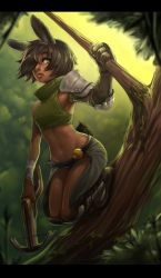 Rule 34 | 1girl, armor, armored boots, asymmetrical sleeves, bandaged arm, bandages, bare arms, boots, bow (weapon), breasts, brown footwear, commentary, cropped sweater, crossbow, d-rex, dark-skinned female, dark skin, day, forest, gauntlets, green eyes, green sweater, hair over one eye, highres, holding, holding weapon, looking at viewer, medium breasts, midriff, mismatched sleeves, nature, navel, original, outdoors, pants, rabbit girl, rabbit tail, short hair, shoulder armor, solo, squatting, stomach, sweater, tail, tree, weapon