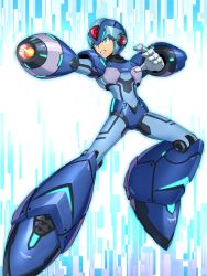 Rule 34 | 1boy, android, armor, capcom, clenched teeth, commentary request, english text, from side, full body, glitch, glowing, green eyes, helmet, highres, knee up, looking ahead, male focus, mega man (series), x (mega man), mega man x (series), open mouth, parco 1315, solo, teeth