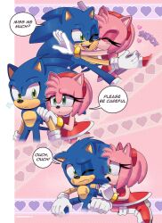 Rule 34 | 1boy, 1girl, absurdres, amy rose, animal ears, artist name, bandaged arm, bandages, blue fur, boots, charuzu2712, dress, english text, furry, furry female, furry male, gloves, gold bracelet, green eyes, hairband, heart, highres, multiple views, one eye closed, open mouth, pink fur, red dress, red footwear, red hairband, sleeveless, sleeveless dress, sonic (series), sonic the hedgehog, sound effects, speech bubble, teeth, two-tone footwear, white footwear, white gloves