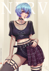 Rule 34 | 1girl, arimatang, ayanami rei, belt, blue hair, choker, covered erect nipples, crop top, cross, crucifix, fishnet thighhighs, fishnet top, fishnets, goth fashion, highres, nail polish, neon genesis evangelion, pleated skirt, red eyes, short hair, skirt, solo, tagme, thighhighs