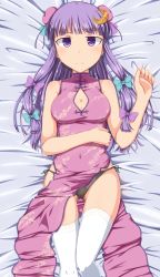 Rule 34 | 1girl, alternate costume, bare shoulders, black panties, blush, breasts, bun cover, china dress, chinese clothes, cleavage, covered navel, crescent, double bun, dress, hair bun, highres, kochi-goori, long hair, lying, on back, panties, patchouli knowledge, purple eyes, purple hair, solo, thigh gap, thighhighs, touhou, toukaze koori, underwear, white thighhighs