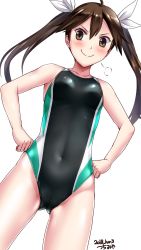 Rule 34 | 1girl, artist name, black one-piece swimsuit, blush, breasts, brown eyes, brown hair, competition swimsuit, cowboy shot, dated, hair ribbon, hands on own hips, highres, kantai collection, long hair, looking at viewer, one-piece swimsuit, ribbon, simple background, small breasts, smile, smug, solo, standing, swimsuit, tone (kancolle), tsuchimiya, twintails, v-shaped eyebrows, white background, white ribbon