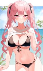 Rule 34 | 1girl, bikini, black bikini, black ribbon, blue sky, blunt bangs, blurry, blurry background, breasts, character request, cloud, commentary request, copyright request, day, hair ribbon, highres, large breasts, looking at viewer, navel, o-ring, o-ring bikini, o-ring bottom, outdoors, pink eyes, pink hair, rei (rei 9146), ribbon, shirt, short sleeves, sky, solo, swimsuit, t-shirt, thigh gap, thighs, twintails, wet, white shirt