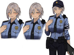 Rule 34 | 1girl, 3 small spiders, absurdres, blush, breasts, brown eyes, dress, glock, grey hair, gun, handgun, hat, highres, holding, large breasts, open mouth, original, police, police hat, police uniform, policewoman, sheriff badge, short hair, simple background, smile, solo, uniform, weapon, white background