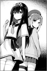 Rule 34 | 2girls, beret, blush, closed mouth, collared dress, commentary request, dress, greyscale, hair between eyes, hair ornament, hairband, hairclip, hand up, hat, highres, long hair, long sleeves, looking at viewer, looking back, mahoutsukai rose no sado life, monochrome, multiple girls, necktie, ominaeshi (takenoko), parted lips, pleated skirt, puffy long sleeves, puffy sleeves, rose (mahoutsukai rose no sado life), sana (mahoutsukai rose no sado life), short necktie, short sleeves, skindentation, skirt, standing, sweat, swept bangs, thighhighs, very long hair