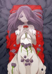 Rule 34 | 1girl, bare shoulders, commentary request, dress, closed eyes, eyeshadow, fingernails, flower, hair over one eye, own hands clasped, highres, holding, holding flower, little witch academia, long hair, lying, makeup, on back, own hands together, pale skin, petals, pink hair, plant, popopo, purple flower, purple rose, red flower, red rose, rose, rose petals, sleeping, solo, sucy manbavaran, thorns, white dress