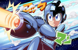 Rule 34 | 1boy, aiming, arm cannon, blue eyes, capcom, character name, firing, gradient background, helmet, male focus, mega man (character), mega man (classic), mega man (series), mike luckas, signature, smoke, solo, striped, striped background, watermark, weapon, web address