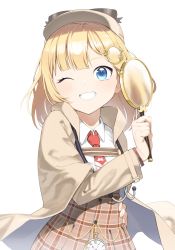 Rule 34 | 1girl, 9nojo, blonde hair, blue eyes, capelet, commentary, grin, hair ornament, hand on own hip, highres, hololive, hololive english, long sleeves, looking at viewer, magnifying glass, necktie, one eye closed, pocket watch, red necktie, simple background, smile, solo, upper body, virtual youtuber, watch, watson amelia, watson amelia (1st costume), white background