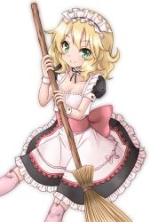 Rule 34 | 1girl, alternate costume, apron, black dress, blonde hair, blush, breasts, broom, cleavage, closed mouth, collarbone, dress, enmaided, feet out of frame, frilled dress, frills, garter straps, green eyes, holding, holding broom, idolmaster, idolmaster cinderella girls, looking at viewer, maid, maid headdress, over-kneehighs, pink thighhighs, puffy short sleeves, puffy sleeves, regular mow, sakurai momoka, short sleeves, simple background, sitting, small breasts, smile, solo, thighhighs, white apron, white background