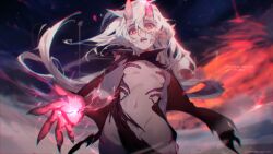 Rule 34 | 1girl, akishycat, black coat, breasts, coat, colored skin, demon girl, demon horns, grey skin, highres, horns, long hair, looking at viewer, magic, navel, open mouth, orange eyes, original, pink horns, pointy ears, small breasts, torn clothes