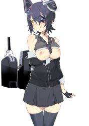 Rule 34 | 1girl, absurdres, arm under breasts, black cardigan, black gloves, black hair, black necktie, breasts, breasts out, cardigan, checkered necktie, collarbone, fingerless gloves, gloves, grey skirt, head out of frame, highres, kantai collection, medium breasts, morisobo, necktie, nipples, short hair, simple background, skirt, solo, tenryuu (kancolle), thighs, wavy mouth, white background, yellow eyes