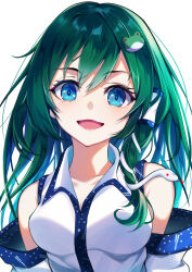 Rule 34 | 1girl, absurdres, bare shoulders, blue eyes, blush, collarbone, detached sleeves, frog hair ornament, green hair, hair between eyes, hair ornament, highres, japanese clothes, kochiya sanae, long hair, nontraditional miko, open mouth, simple background, smile, snake hair ornament, solo, touhou, upper body, white background, white sleeves, wide sleeves, yamanakaume