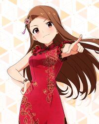 Rule 34 | 1girl, brown hair, card (medium), china dress, chinese clothes, dress, forehead, hairband, idolmaster, idolmaster million live!, idolmaster million live! theater days, minase iori, official art, pink eyes, pointing, pointing at viewer, solo