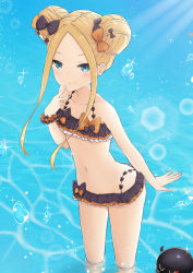 Rule 34 | 1girl, abigail williams (fate), animal, bad id, bad pixiv id, bare shoulders, bikini, black bikini, black bow, blonde hair, blue eyes, blurry, blurry background, blush, bow, closed mouth, collarbone, commentary request, coraman, day, depth of field, double bun, emerald float, fate/grand order, fate (series), forehead, hair bow, hair bun, hand up, highres, long hair, navel, octopus, official alternate costume, orange bow, outdoors, parted bangs, polka dot, polka dot bow, side bun, sidelocks, smile, solo, standing, swimsuit, wading, water