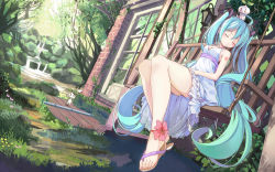 Rule 34 | 1girl, ahoge, anklet, aqua hair, beek, blush stickers, brick wall, dress, closed eyes, feet, flower, grass, hatsune miku, highres, jewelry, legs, long hair, resized, rope, sandals, sitting, sleeveless, sleeveless dress, solo, toes, twintails, very long hair, vocaloid, wallpaper, | |