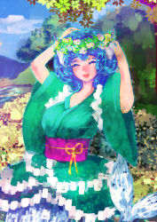 Rule 34 | 1girl, blue hair, breasts, closed eyes, colored eyelashes, faux traditional media, fins, frilled kimono, frills, green kimono, hakkasame, happy, head fins, japanese clothes, kimono, large breasts, mermaid, monster girl, obi, open mouth, outdoors, sash, solo, touhou, wakasagihime, wide sleeves
