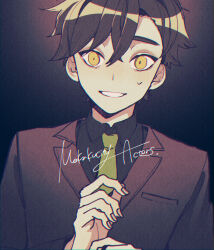 Rule 34 | 1boy, black background, black hair, black shirt, breast pocket, brown jacket, collared shirt, commentary request, constricted pupils, copyright name, dark background, dress shirt, english text, fingernails, formal, gradient background, green necktie, hair between eyes, highres, jacket, kagerou project, lapels, looking at viewer, male focus, mekakucity actors, mokemoke chan, necktie, notched lapels, open mouth, pocket, seto kousuke, shirt, short hair, smile, solo, suit, suit jacket, sweat, teeth, upper body, yellow eyes