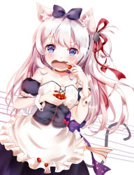Rule 34 | 1girl, american flag, american flag print, animal ears, apron, azur lane, black bow, black dress, blue bow, blue eyes, bow, cat ears, cat hair ornament, collarbone, commentary request, detached sleeves, dress, dutch angle, fang, flag print, flower, food, frilled apron, frills, hair bow, hair ornament, hair ribbon, hammann (azur lane), highres, holding, holding food, long hair, mutang, one side up, open mouth, print bow, puffy short sleeves, puffy sleeves, red bow, red flower, red rose, remodel (azur lane), ribbon, rose, short sleeves, solo, star (symbol), star print, strapless, strapless dress, very long hair, waist apron, white apron, white background, wrist cuffs