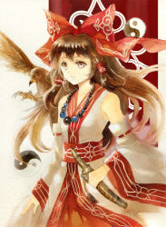 Rule 34 | 1girl, acrylic paint (medium), ainu clothes, alternate costume, bad id, bad pixiv id, bare shoulders, bird, brown hair, detached sleeves, hair ribbon, hair tubes, hakurei reimu, hawk, jewelry, keiko (mitakarawa), knife, long hair, looking to the side, necklace, painting (medium), parted lips, red eyes, ribbon, sheath, sheathed, solo, striped, striped background, touhou, traditional media, watercolor (medium), yin yang
