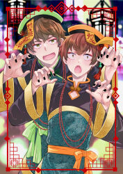 Rule 34 | 2boys, artist name, bead necklace, beads, black nails, blurry, blurry background, brown eyes, brown hair, chinese clothes, doko dokosan, fangs, gold trim, green eyes, halloween costume, hands up, hat, highres, jewelry, jiangshi costume, looking at viewer, male focus, multiple boys, necklace, ofuda, outdoors, outstretched arms, ryman&#039;s club, saeki touya, short hair, takeda kouki, wide sleeves, zombie pose