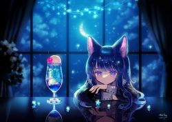 Rule 34 | 1girl, animal ears, arms on table, black hair, black shirt, bright pupils, cat ears, cat girl, cherry, closed mouth, cloud, crescent moon, cup, curtains, drinking glass, expressionless, food, fruit, head rest, ice, ice cream, ice cream float, ice cube, long hair, looking at viewer, mariko (leda), moon, night, original, plant, purple eyes, reflection, reflective table, sailor collar, sailor shirt, shirt, sleeve cuffs, solo, star (sky), star (symbol), string lights, upper body, white pupils