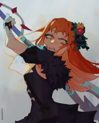 Rule 34 | absurdres, aiming, aiming at viewer, angry, artist name, axe, bandaged arm, bandages, battle axe, black dress, d4ggerfish, dress, facial tattoo, fighting, fire emblem, fire emblem engage, flower, grey background, hair flower, hair ornament, highres, holding, holding axe, imminent death, long hair, nintendo, orange eyes, orange hair, panette (fire emblem), tattoo, twitter username, weapon
