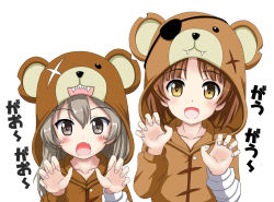Rule 34 | 10s, 2girls, animal costume, bandages, bear costume, black ribbon, boko (girls und panzer), brown eyes, brown hair, claw pose, commentary request, eyepatch, fang, flipper, girls und panzer, hair ribbon, light brown hair, long hair, looking at viewer, multiple girls, nishizumi miho, open mouth, pajamas, ribbon, scar, scar across eye, scar on face, shimada arisu, short hair, simple background, smile, standing, stuffed animal, stuffed toy, teddy bear, upper body, white background